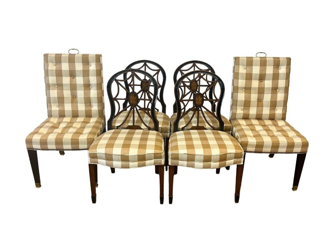 Vintage Wooden Spider Chairs and Upholstered Armchairs in Buffalo Check: Side Chairs: 22in. w x 20in. d x 38in. h, Seat height: 18in. , Upholstered Side Chairs: 22in. w x 23in. d x 43in. h, Seat height: 19in. PLEASE READ BEFORE BIDDING: There are two scheduled pickup