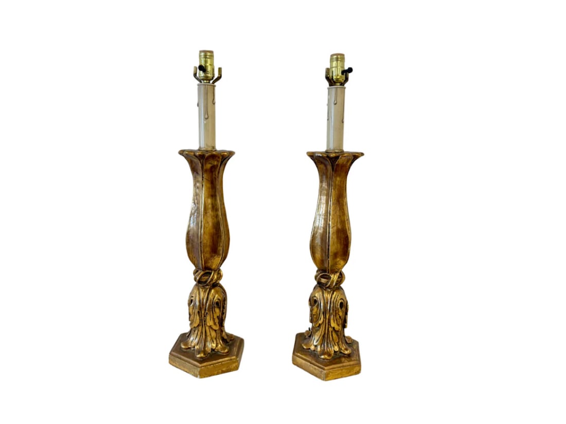 Tall Italian Neoclassical Gesso Candlestick Table Lamps, Pair: 8in. w x 7in. d x 28in. h PLEASE READ BEFORE BIDDING: There are two scheduled pickup dates for this auction at our Stamford, CT warehouse: Friday, April 24th from 9:00 AM–12:00 PM and Friday, May 1s