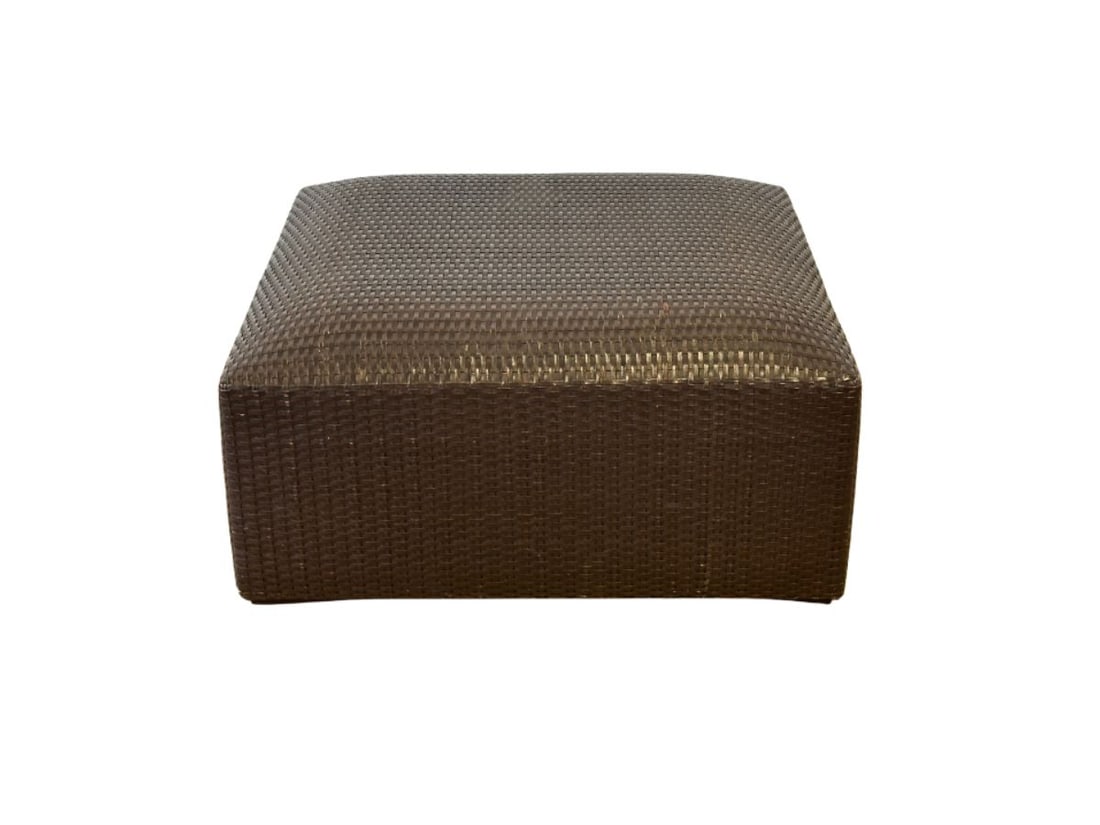 Dark Brown Leather Woven Ottoman: 32in. w x 32in. d x 14in. h PLEASE READ BEFORE BIDDING: There are two scheduled pickup dates for this auction at our Stamford, CT warehouse: Friday, April 24th from 9:00 AM–12:00 PM and Friday, May