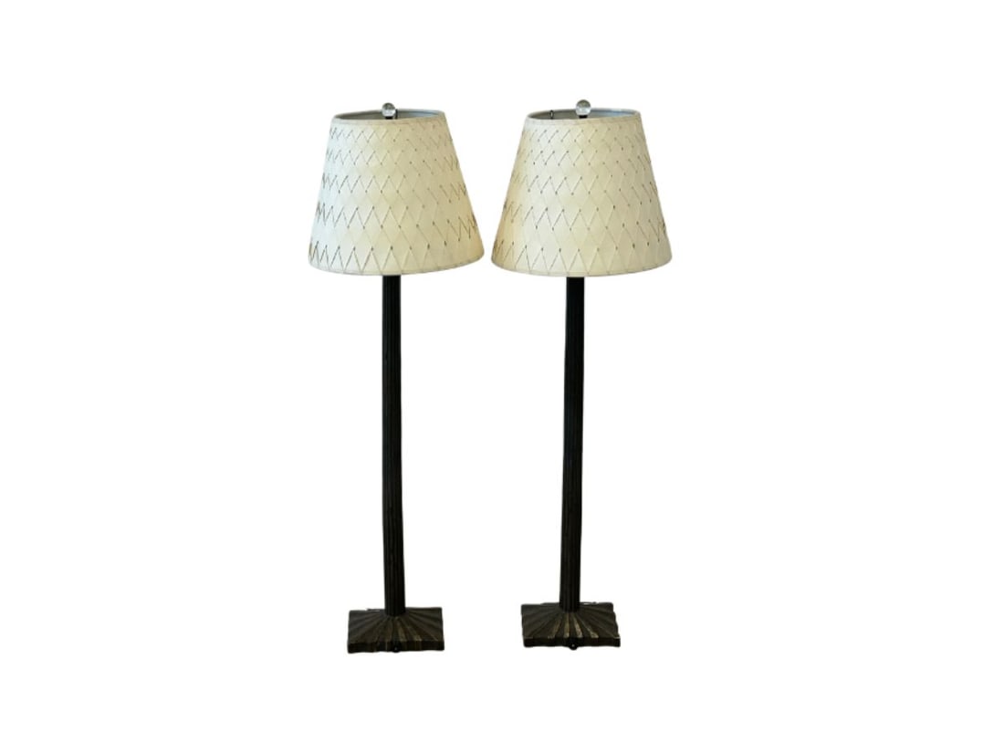 Visual Comfort Strie Buffet Lamps with Illume NYC Custom Shades, Pair: 6in. w x 4in. d x 33in. h, Custom shades: 9.5in. diameter x 8in. h PLEASE READ BEFORE BIDDING: There are two scheduled pickup dates for this auction at our Stamford, CT warehouse: Friday, April 24th