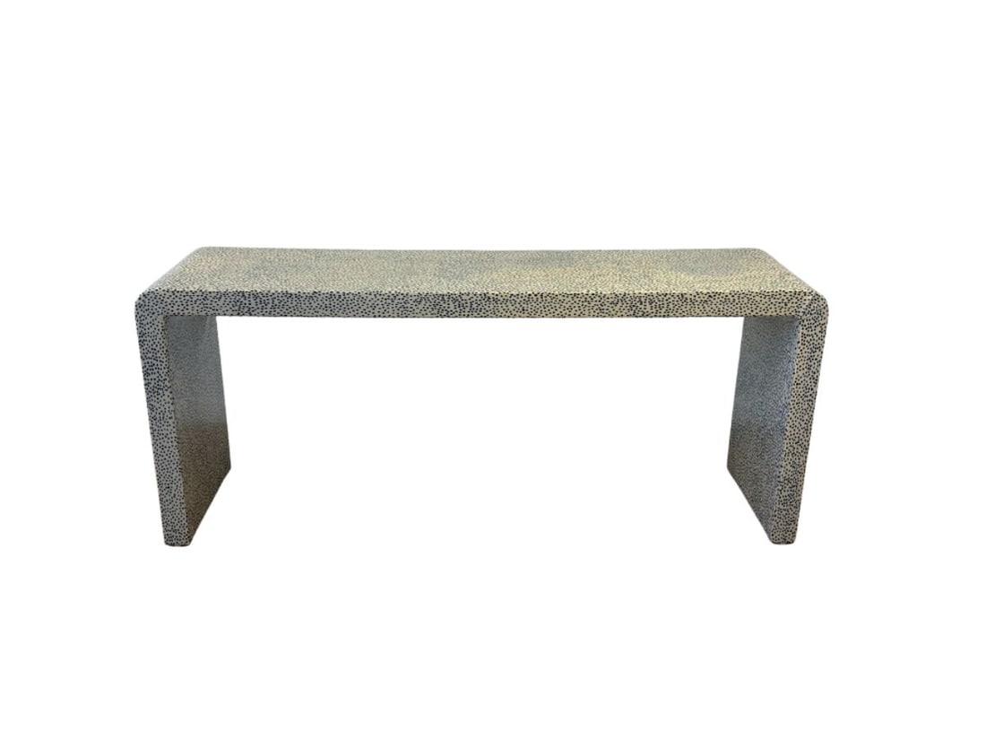 Custom Wrapped Blue and White Low Waterfall Console Table: 60in. w x 16in. d x 25in. h PLEASE READ BEFORE BIDDING: There are two scheduled pickup dates for this auction at our Stamford, CT warehouse: Friday, April 24th from 9:00 AM–12:00 PM and Friday, May