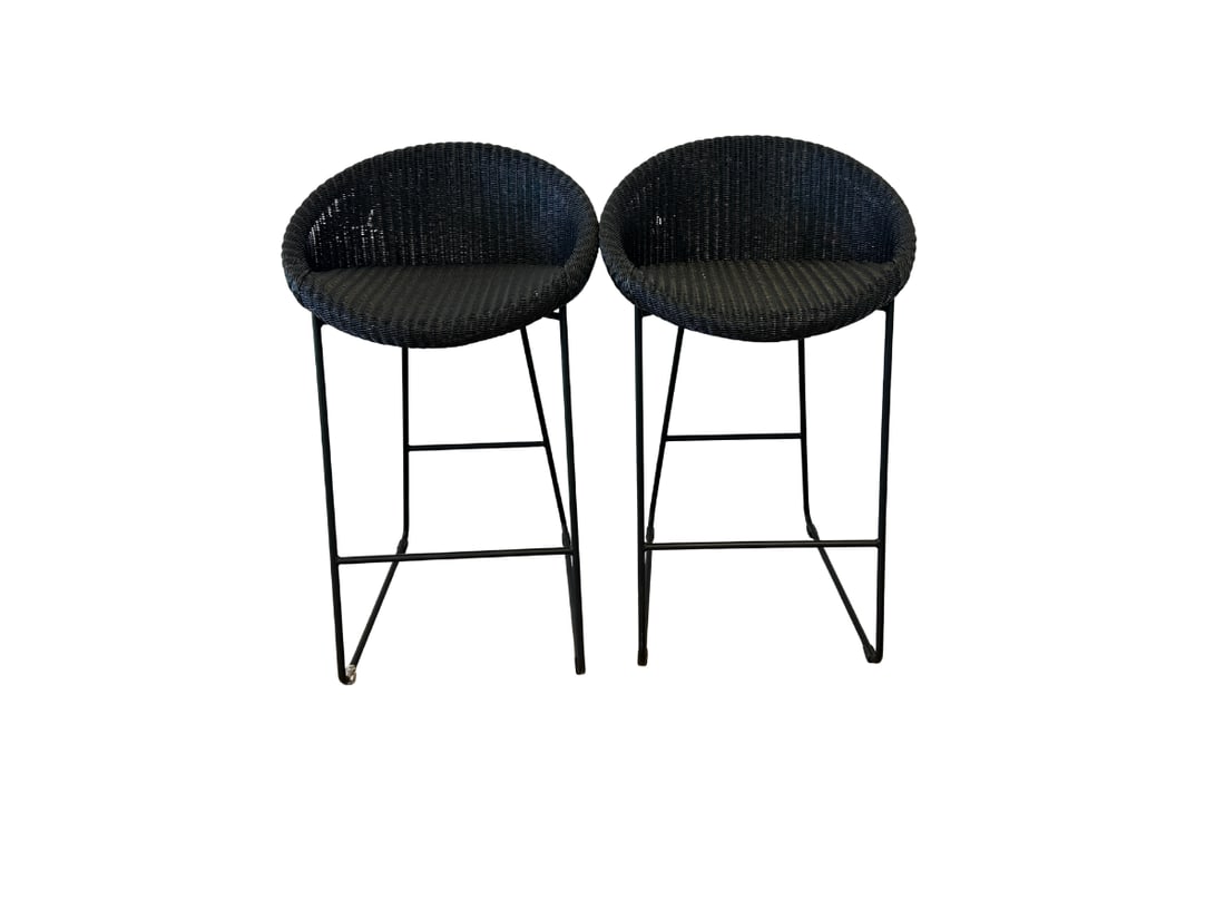 Vincent Sheppard Woven Black Barstools, Pair: 20in. w x 18in. d x 34in. h, Seat height: 26in. PLEASE READ BEFORE BIDDING: There are two scheduled pickup dates for this auction at our Stamford, CT warehouse: Friday, April 24th from 9:00