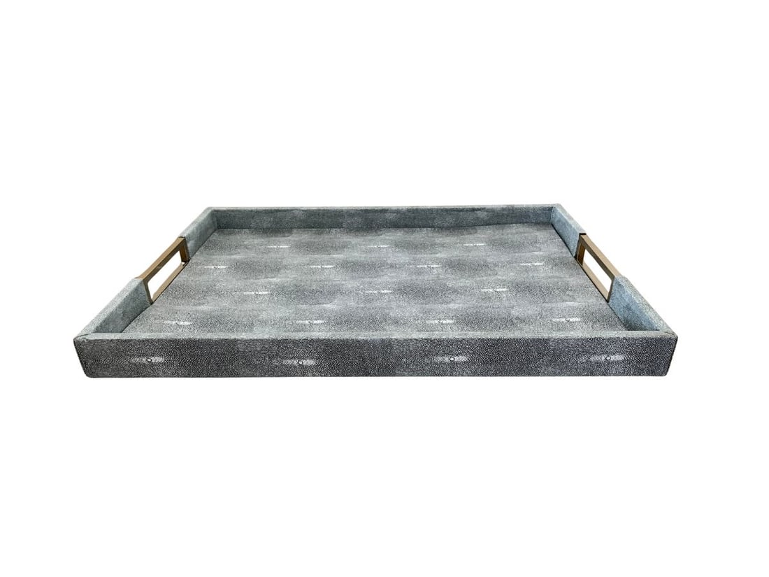 Williams Sonoma Faux Shagreen and Brass Ottoman Tray: 28in. w x 20in. d x 2in. h PLEASE READ BEFORE BIDDING: There are two scheduled pickup dates for this auction at our Stamford, CT warehouse: Friday, April 24th from 9:00 AM–12:00 PM and Friday, May