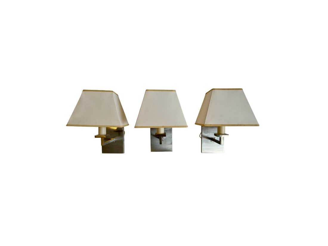 Vaughan Norfolk Nickel Sconces, Set of 3: 7in. w x 10.5in. h x 8.25in. d PLEASE READ BEFORE BIDDING: There are two scheduled pickup dates for this auction at our Stamford, CT warehouse: Friday, April 24th from 9:00 AM–12:00 PM and Friday,