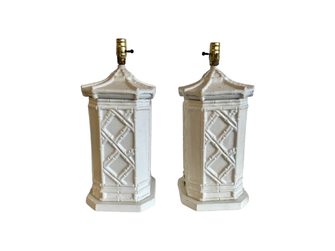 Pagoda Lamps, Pair: 9.5in.sq x 22in.h There are chips to the painted finish, please see photos. PLEASE READ BEFORE BIDDING: There are two scheduled pickup dates for this auction at our Stamford, CT warehouse: Friday,