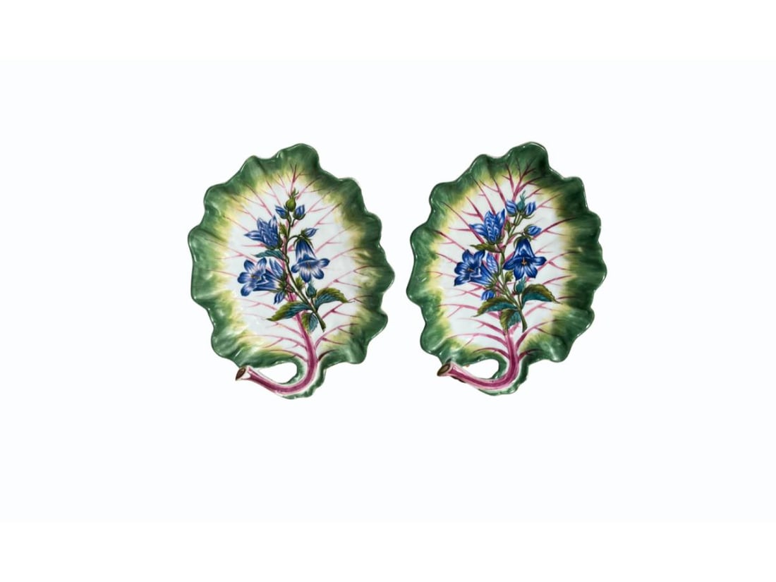 Hand Painted Majolica Style Dishes with Blue Flowers, Pair: 9.5in. w x 7.5in. h x 2in. d. PLEASE READ BEFORE BIDDING: There is one scheduled pickup date for this auction on Friday, May 15th from 9am- 12pm at a private residence in Rye, NY. The address will be 
