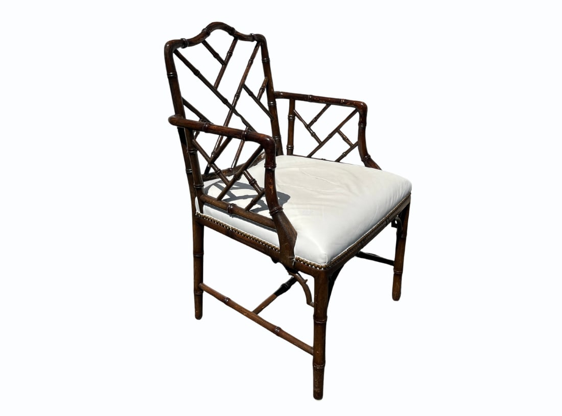 Vintage Chinese Chippendale Arm Chair with Nailhead Detail: 23in. w x 19in. d x 36in. h, Seat height: 19in., Arm height: 27in. PLEASE READ BEFORE BIDDING: There is one scheduled pickup date for this auction on Friday, May 15th from 9am- 12pm at a private resid
