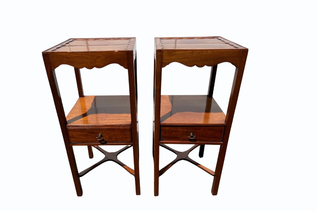 Antique George III Mahogany Bedside Tables, Pair: 12.5in. w x 12.5in. d x 29in. h. PLEASE READ BEFORE BIDDING: There is one scheduled pickup date for this auction on Friday, May 15th from 9am- 12pm at a private residence in Rye, NY. The address will