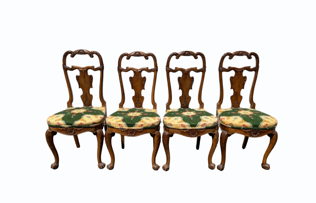 Antique Splat Back Side Chairs with Custom Upholstery, Set of 4: 18in. w x 17in. d x 39in. h, Seat height: 18in. PLEASE READ BEFORE BIDDING: There is one scheduled pickup date for this auction on Friday, May 15th from 9am- 12pm at a private residence in Rye, NY.