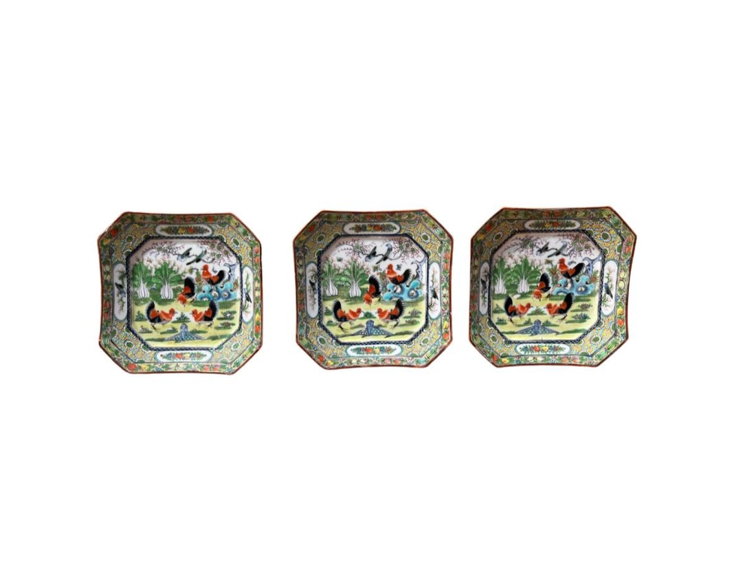 Antique Chinese Hand Painted Plates, Four Roosters, Set of 3: 7in. w x 7in. h. PLEASE READ BEFORE BIDDING: There is one scheduled pickup date for this auction on Friday, May 15th from 9am- 12pm at a private residence in Rye, NY. The address will be shared to