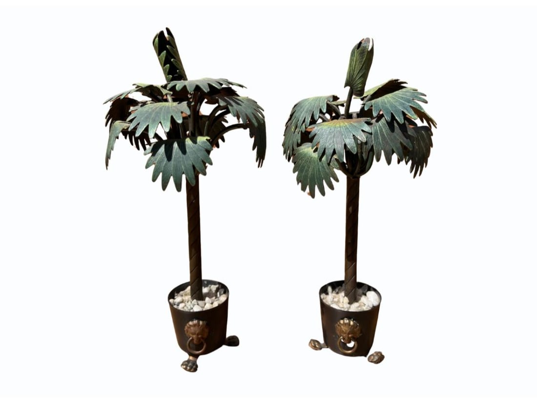 Hollywood Regency Tole Palm Tree Table Ornaments, Pair: 4.5in. diameter x 9.5in. h. PLEASE READ BEFORE BIDDING: There is one scheduled pickup date for this auction on Friday, May 15th from 9am- 12pm at a private residence in Rye, NY. The address will be