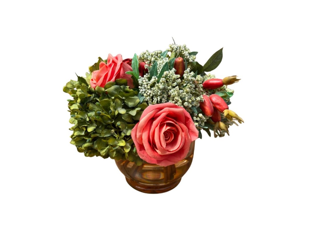 Diane James Faux Roses and Berries Arrangement: 11in. diameter x 10in. h. PLEASE READ BEFORE BIDDING: There is one scheduled pickup date for this auction on Friday, May 15th from 9am- 12pm at a private residence in Rye, NY. The address will be