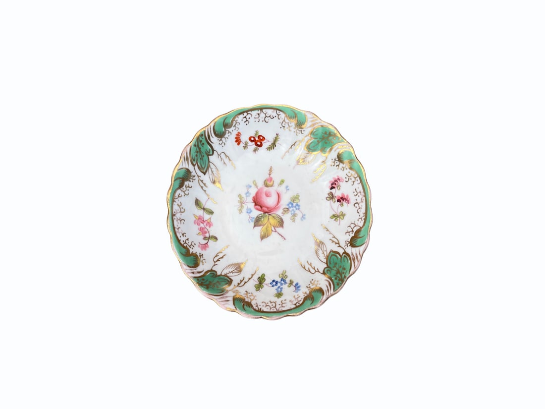 Small Porcelain Plate, Pink Floral with Gilt Accents and Turquoise Border: 6in. diameter. PLEASE READ BEFORE BIDDING: There is one scheduled pickup date for this auction on Friday, May 15th from 9am- 12pm at a private residence in Rye, NY. The address will be shared to all