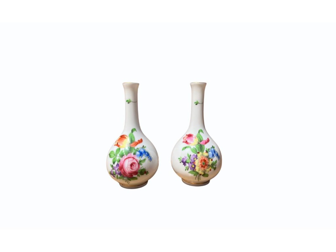 Herend Printemps Bud Vases, Pair: 2in. diameter x 3.5in. h. PLEASE READ BEFORE BIDDING: There is one scheduled pickup date for this auction on Friday, May 15th from 9am- 12pm at a private residence in Rye, NY. The address will be