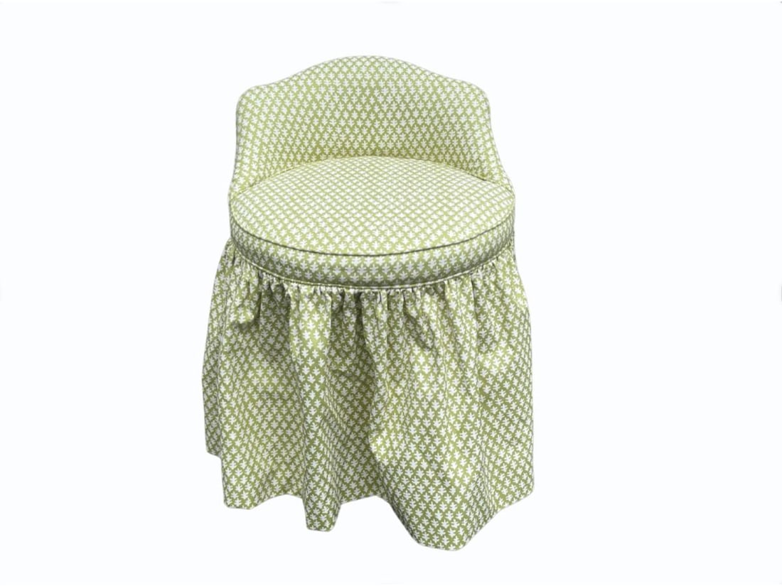 Sister Parish Burma Skirted Vanity Chair: 19in. w x 20in. d x 26in. h, Seat height: 19.5in. PLEASE READ BEFORE BIDDING: There is only one scheduled pickup date for this auction on Friday, June 5th from 9am- 12pm at a private residence in Rye,