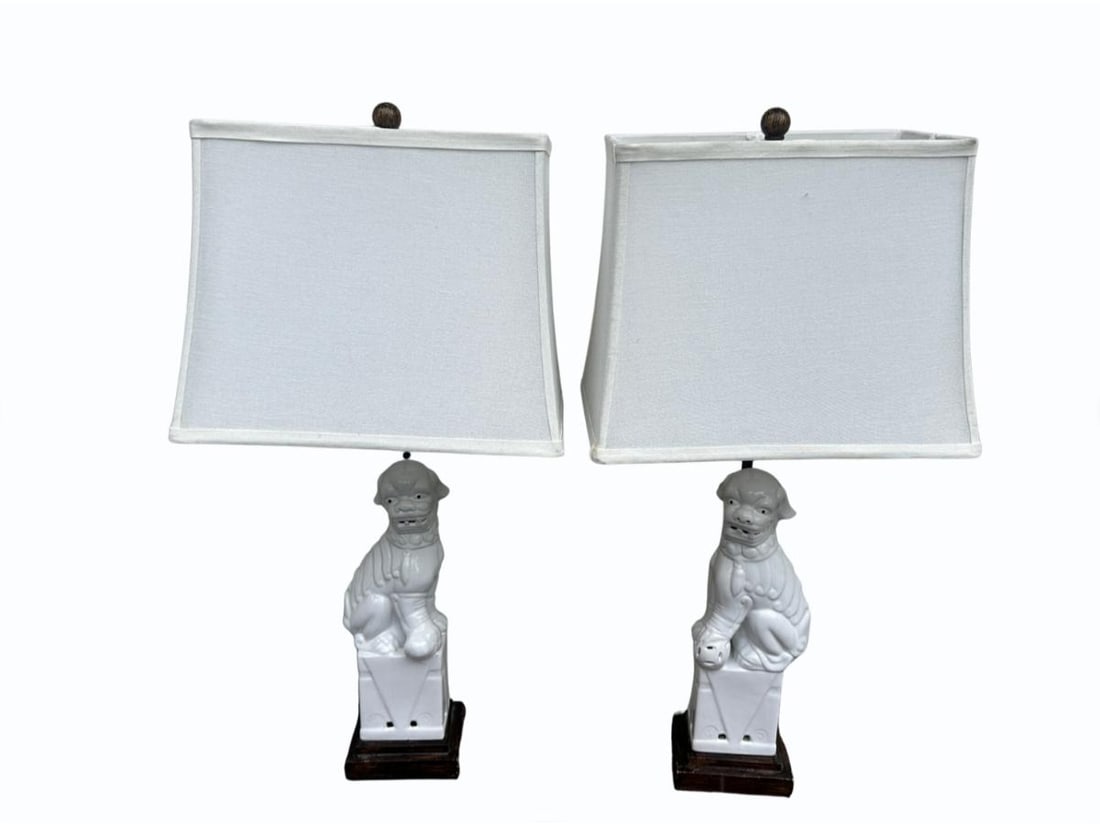 Foo Dog Lamps, Pair: 5in. w x 5in. d x 29in. h. PLEASE READ BEFORE BIDDING: There is only one scheduled pickup date for this auction on Friday, June 5th from 9am- 12pm at a private residence in Rye, NY. The address will