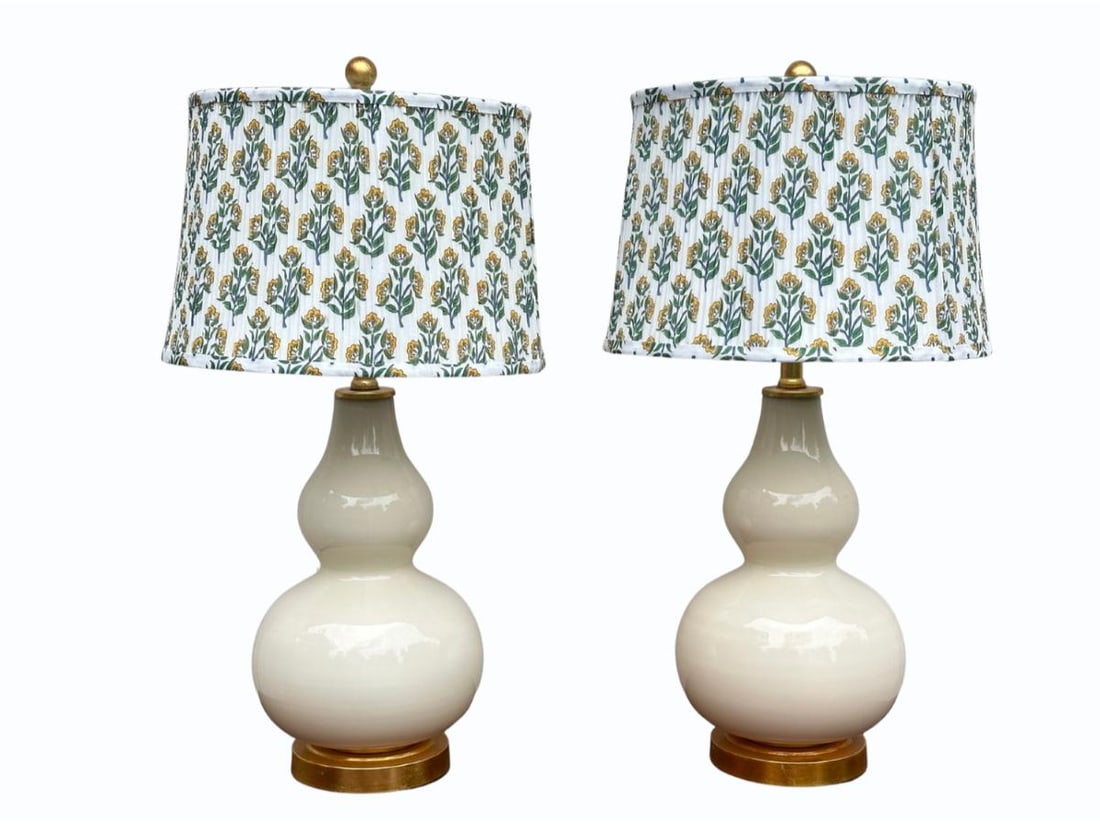 Double Gourd Cream Lamps with Floral Shades, Pair: 9in. diameter x 28in. h. PLEASE READ BEFORE BIDDING: There is only one scheduled pickup date for this auction on Friday, June 5th from 9am- 12pm at a private residence in Rye, NY. The address will be