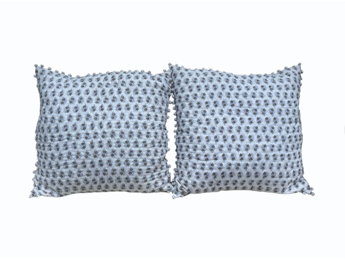 Euro Shams and Inserts, Brown and Blue, Pair: 26in. square. PLEASE READ BEFORE BIDDING: There is only one scheduled pickup date for this auction on Friday, June 5th from 9am- 12pm at a private residence in Rye, NY. The address will be shared to