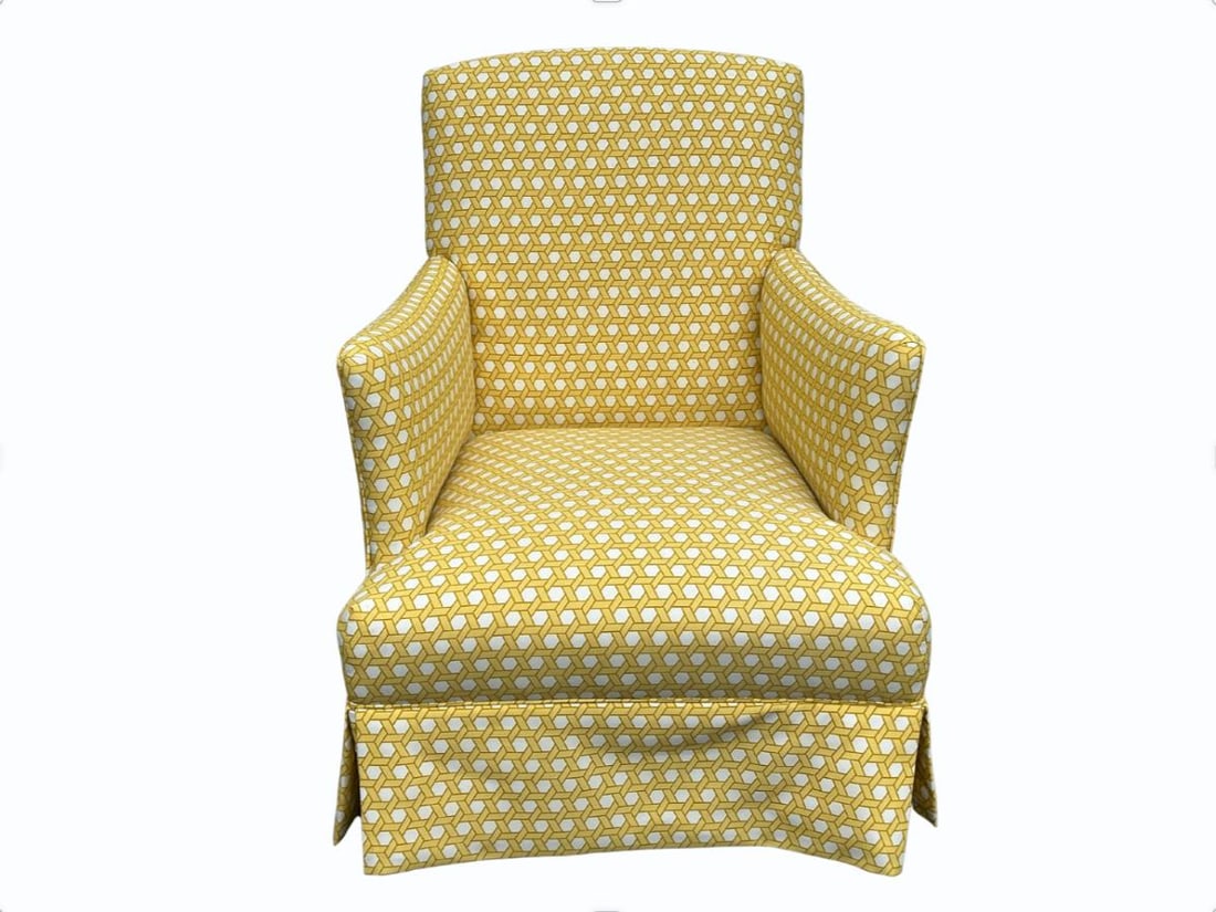Custom Upholstered Yellow Honeycomb Armchair: 24in. w x 29in. d x 30in. h, Seat height: 14in, Arm height: 21in. PLEASE READ BEFORE BIDDING: There is only one scheduled pickup date for this auction on Friday, June 5th from 9am- 12pm at a private r