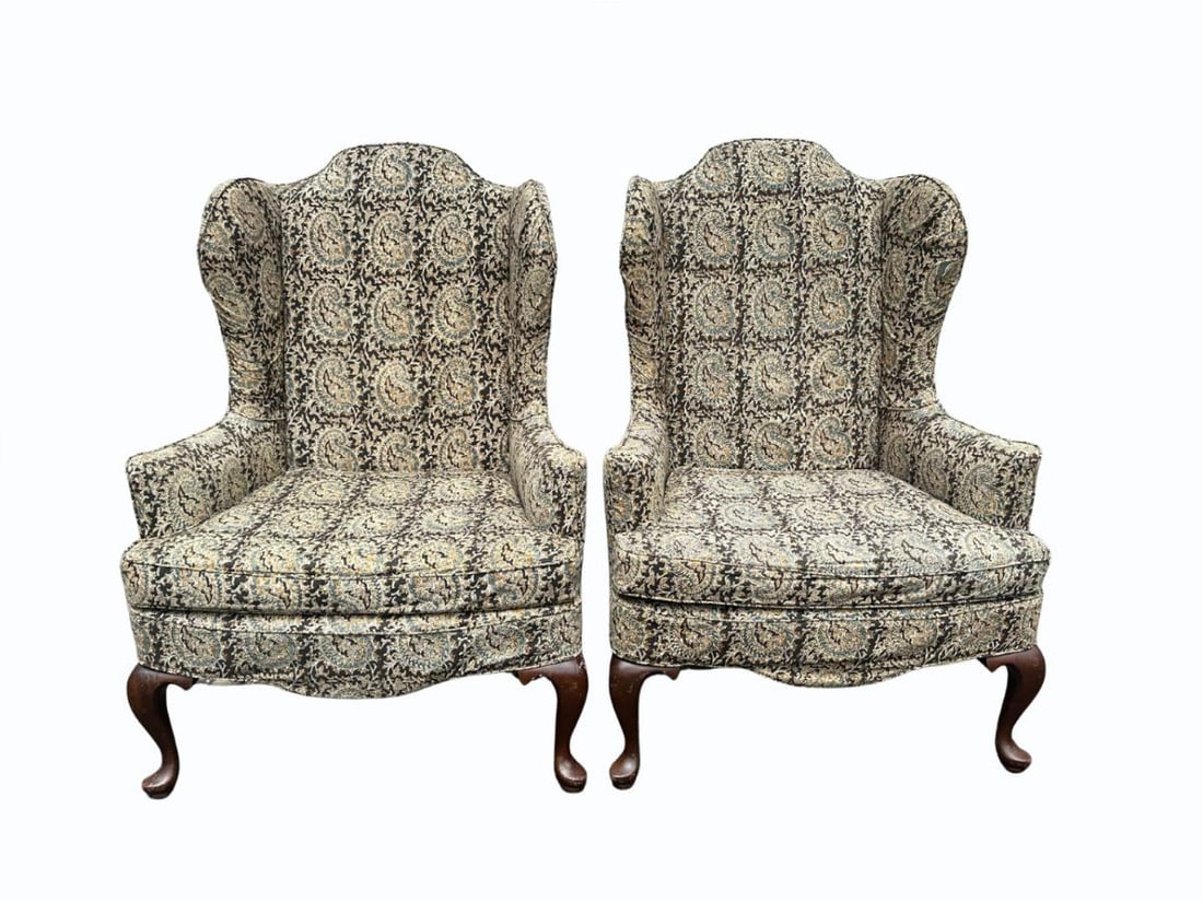 Slipcovered Queen Anne Wing Chairs, Pair: 32in. w x 25in. d x 45in. h, Seat height: 18in., Arm height: 24in., Green velvet upholstery underneath. PLEASE READ BEFORE BIDDING: There is only one scheduled pickup date for this auction on Friday,
