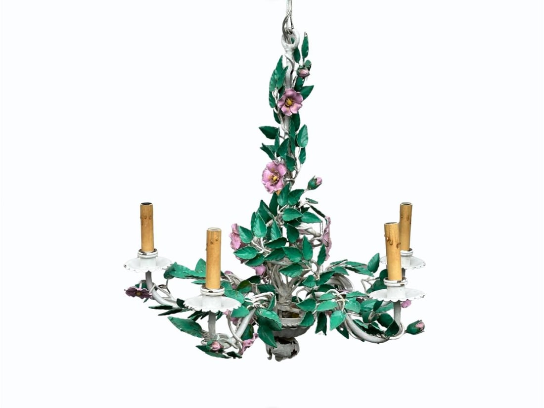Vintage Pink and Green Tole Flower Chandelier: 22in. diameter x 24in. h, chain: 16in. PLEASE READ BEFORE BIDDING: There is only one scheduled pickup date for this auction on Friday, June 5th from 9am- 12pm at a private residence in Rye, NY. The