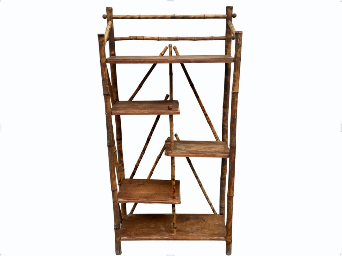 Vintage Burnt Bamboo Etagere: 24.5in. w x 11in. d x 51 in. h. PLEASE READ BEFORE BIDDING: There is only one scheduled pickup date for this auction on Friday, June 5th from 9am- 12pm at a private residence in Rye, NY. The address