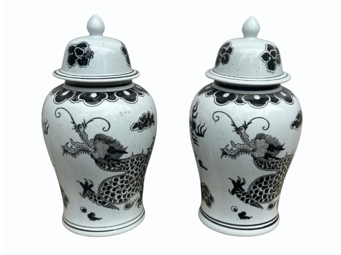 Black and White Ginger Jars, Pair: 9.5in. diameter x 18in. h. PLEASE READ BEFORE BIDDING: There is only one scheduled pickup date for this auction on Friday, June 5th from 9am- 12pm at a private residence in Rye, NY. The address will