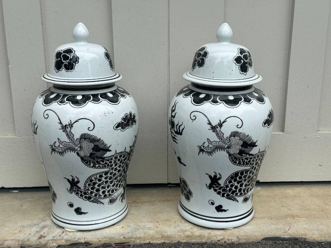 Black and White Ginger Jars, Pair - 3