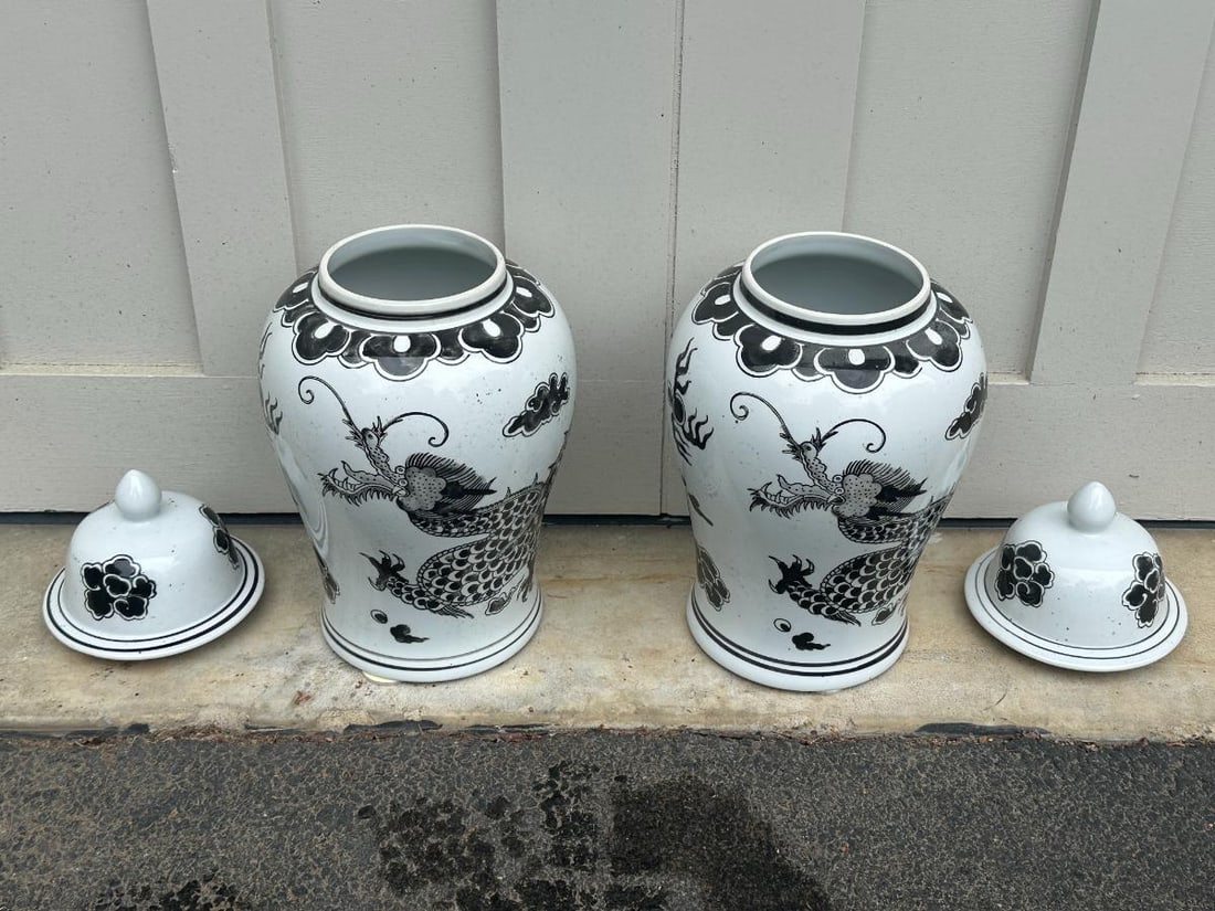 Black and White Ginger Jars, Pair - 5