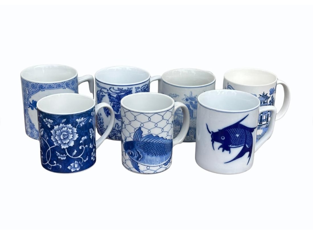 Blue and White Coffee Mugs, Set of 7: Various Sized Coffee Mugs. PLEASE READ BEFORE BIDDING: There is only one scheduled pickup date for this auction on Friday, June 5th from 9am- 12pm at a private residence in Rye, NY. The address will