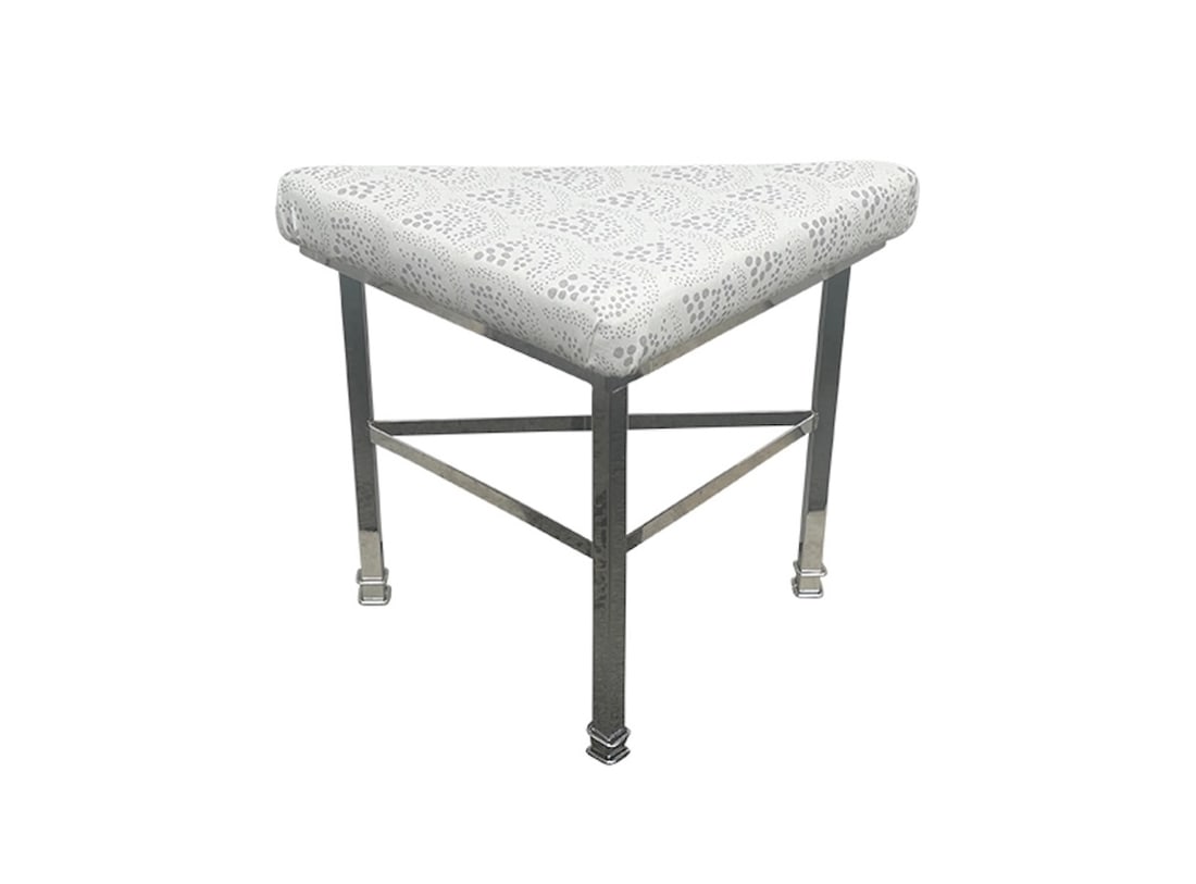 Sister Parish Covered Metal Stool: 22.5in. w x 12in. d x 18in. h. PLEASE READ BEFORE BIDDING: There is only one scheduled pickup date for this auction on Friday, June 5th from 9am- 12pm at a private residence in Rye, NY. The address