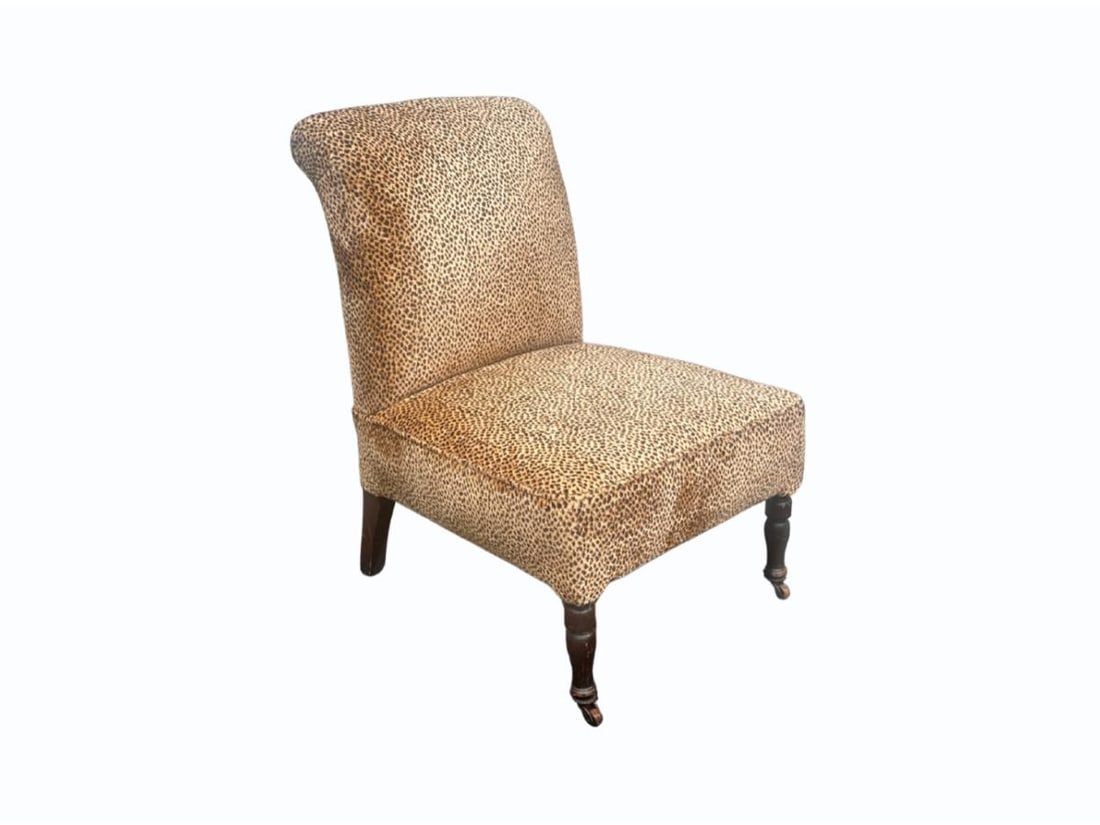 Custom Upholstered Leopard Velvet Slipper Chair: 22in. w x 25in. d x 30in. h. PLEASE READ BEFORE BIDDING: There is only one scheduled pickup date for this auction on Friday, June 5th from 9am- 12pm at a private residence in Rye, NY. The address