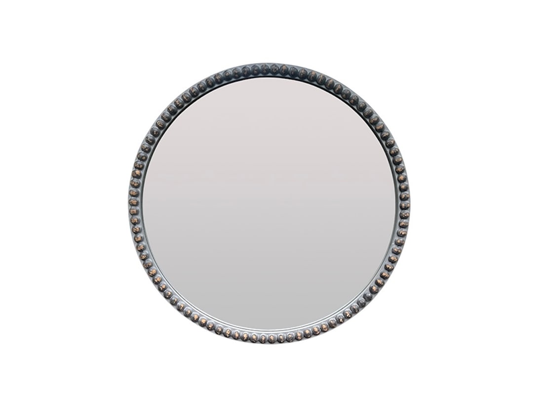 Round Beaded Jenny Lind Style Mirror: 28in. diameter x 1.5in. d. PLEASE READ BEFORE BIDDING: There is only one scheduled pickup date for this auction on Friday, June 5th from 9am- 12pm at a private residence in Rye, NY. The address will