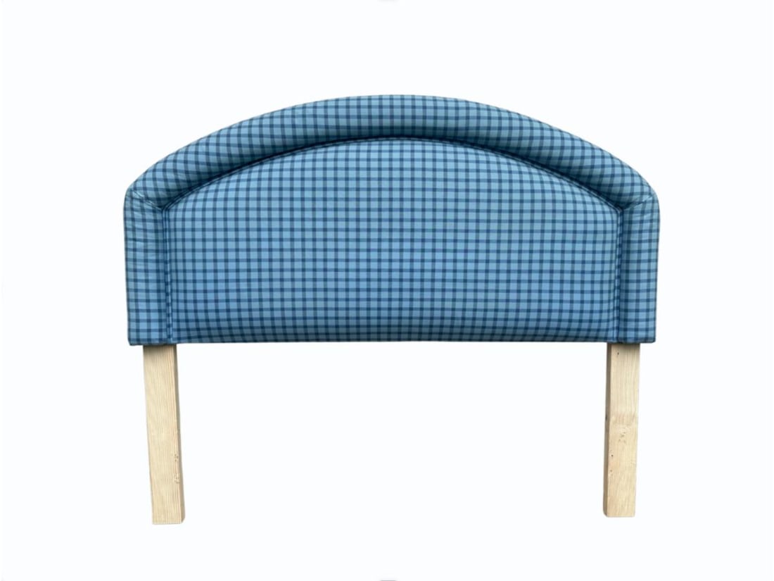 Blue Headboard, Bedskirt and Custom Chair Covers: Headboard: 60in. w x 3in. d x 50in. h, Bedskirt: 15in. drop, Covers: 19in. w x 18in. d x 8in. drop. PLEASE READ BEFORE BIDDING: There is only one scheduled pickup date for this auction on Friday,