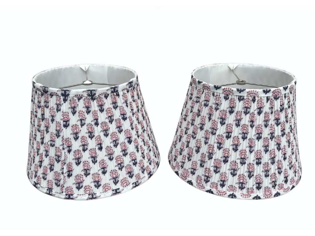 Pink and Blue Floral Lampshades, Pair: 13in. diameter x 9in. h. PLEASE READ BEFORE BIDDING: There is only one scheduled pickup date for this auction on Friday, June 5th from 9am- 12pm at a private residence in Rye, NY. The address will be