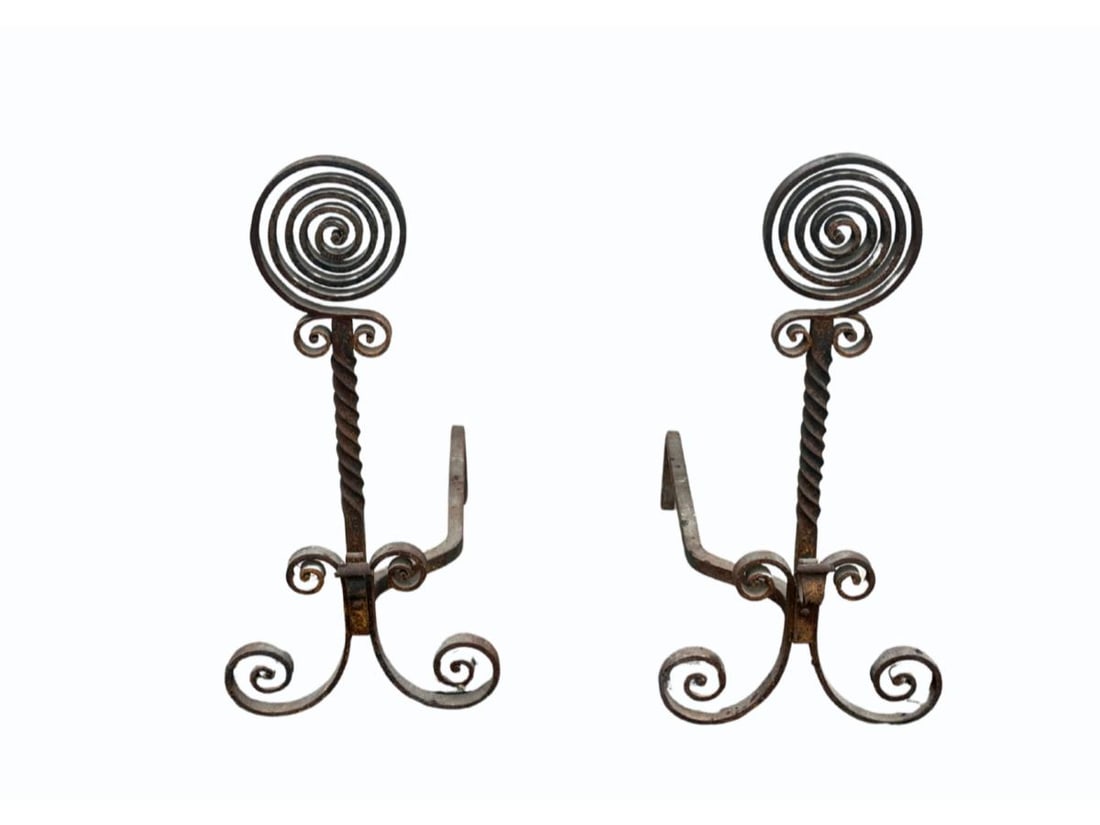 Antique Wrought Iron Andirons with Spiral Design (1 of 6)