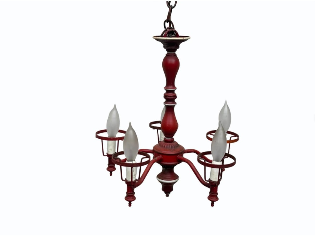 Vintage Five-Light Red Tole Chandelier: 14in. diameter x 31in. h. PLEASE READ BEFORE BIDDING: There is only one scheduled pickup date for this auction on Friday, June 5th from 9am- 12pm at a private residence in Rye, NY. The address will