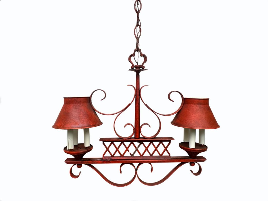 Vintage Florentine Style Red Tole Six-Light Chandelier: 23in. w x 7in. d x 20in. h, Chain 18in. (need to be rewired) PLEASE READ BEFORE BIDDING: There is only one scheduled pickup date for this auction on Friday, June 5th from 9am- 12pm at a private