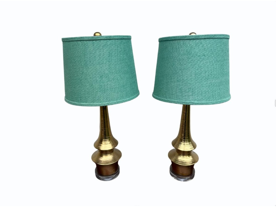 Gold Lamps with Lucite Base and Green Shades, Pair: 6in. diameter x 29in. h. PLEASE READ BEFORE BIDDING: There is only one scheduled pickup date for this auction on Friday, June 5th from 9am- 12pm at a private residence in Rye, NY. The address will be