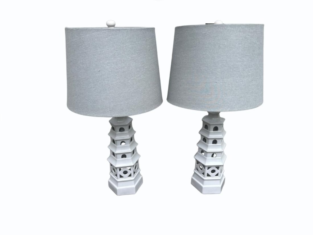 White Pagoda Lamps, Pair: 7in. diameter x 31in. h. PLEASE READ BEFORE BIDDING: There is only one scheduled pickup date for this auction on Friday, June 5th from 9am- 12pm at a private residence in Rye, NY. The address will be