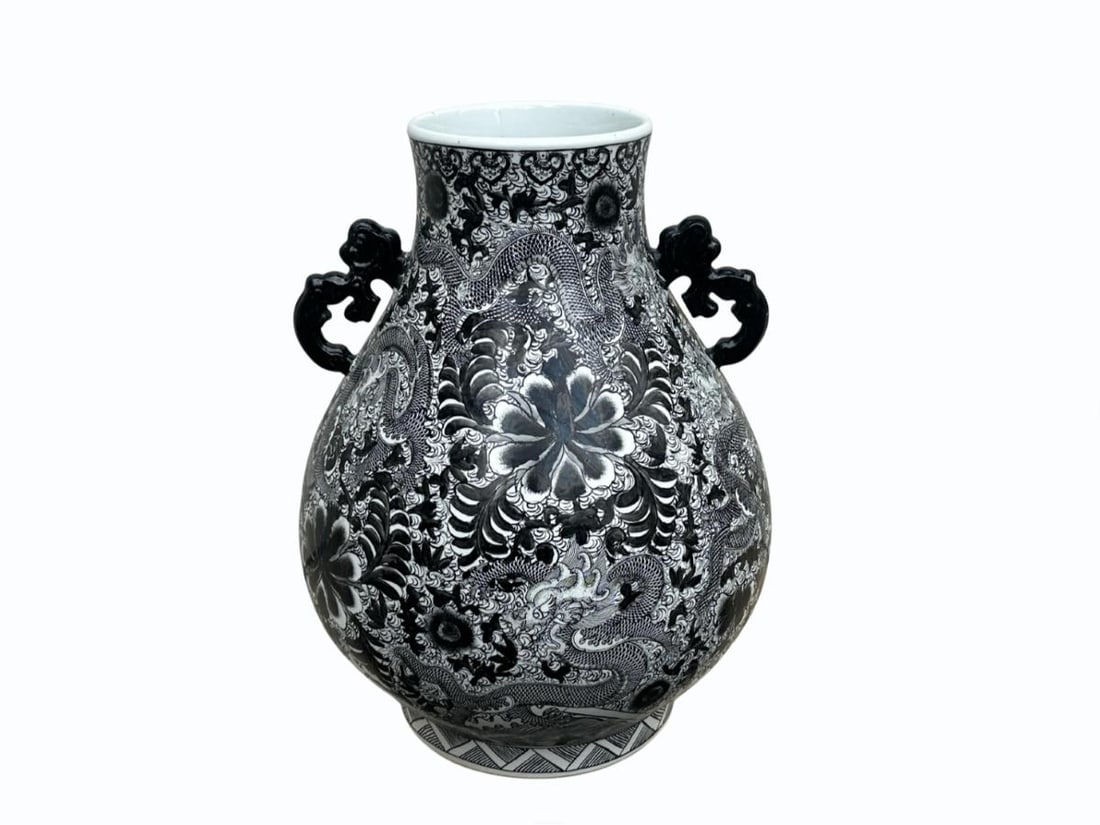 Oversized Chinese Gourd Form Vase with Ornate Black and White Decoration (1 of 6)