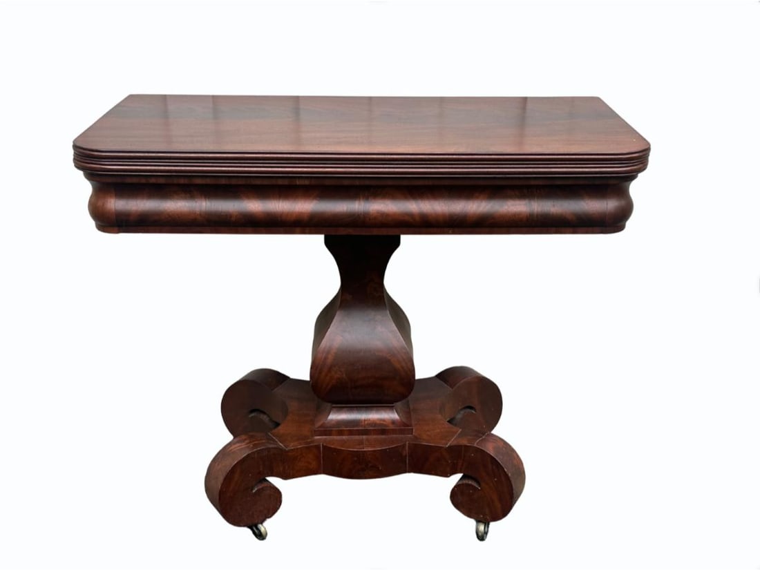 Antique Empire Mahogany Flip-top Center Table: 36in. w x 18in. d x 30in. h, Opens to 36in. square. PLEASE READ BEFORE BIDDING: There is only one scheduled pickup date for this auction on Friday, June 5th from 9am- 12pm at a private residence in