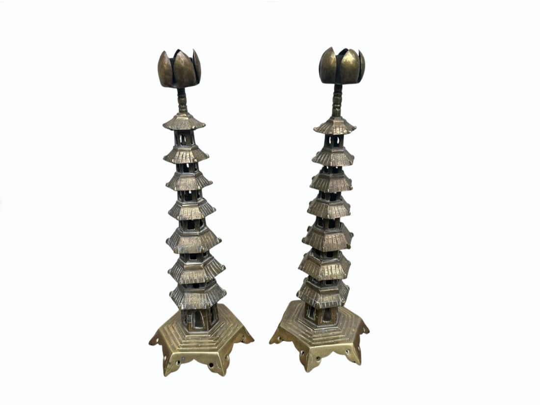 Brass Pagoda Candlesticks: 5in. diameter x 12in. h. PLEASE READ BEFORE BIDDING: There is only one scheduled pickup date for this auction on Friday, June 5th from 9am- 12pm at a private residence in Rye, NY. The address will be