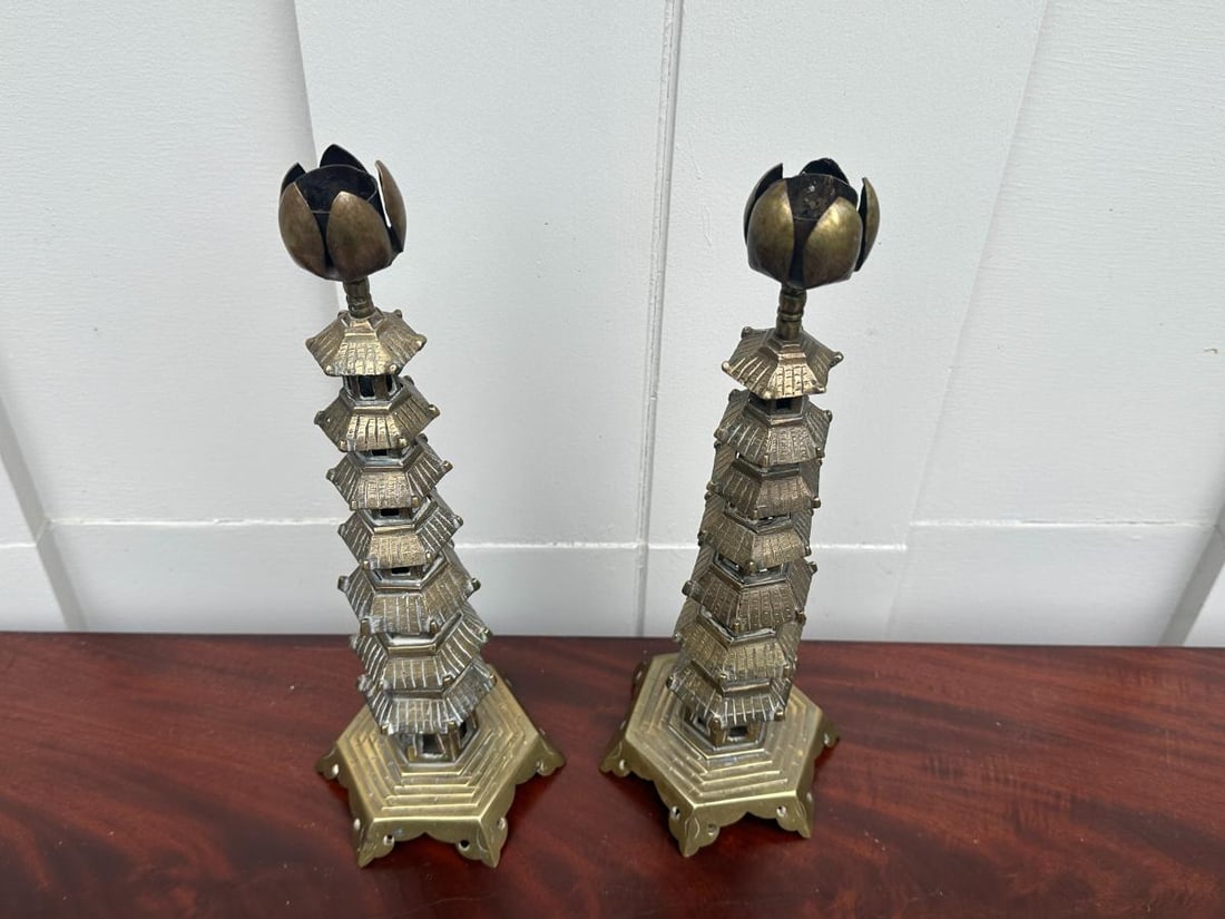 Brass Pagoda Candlesticks - 3