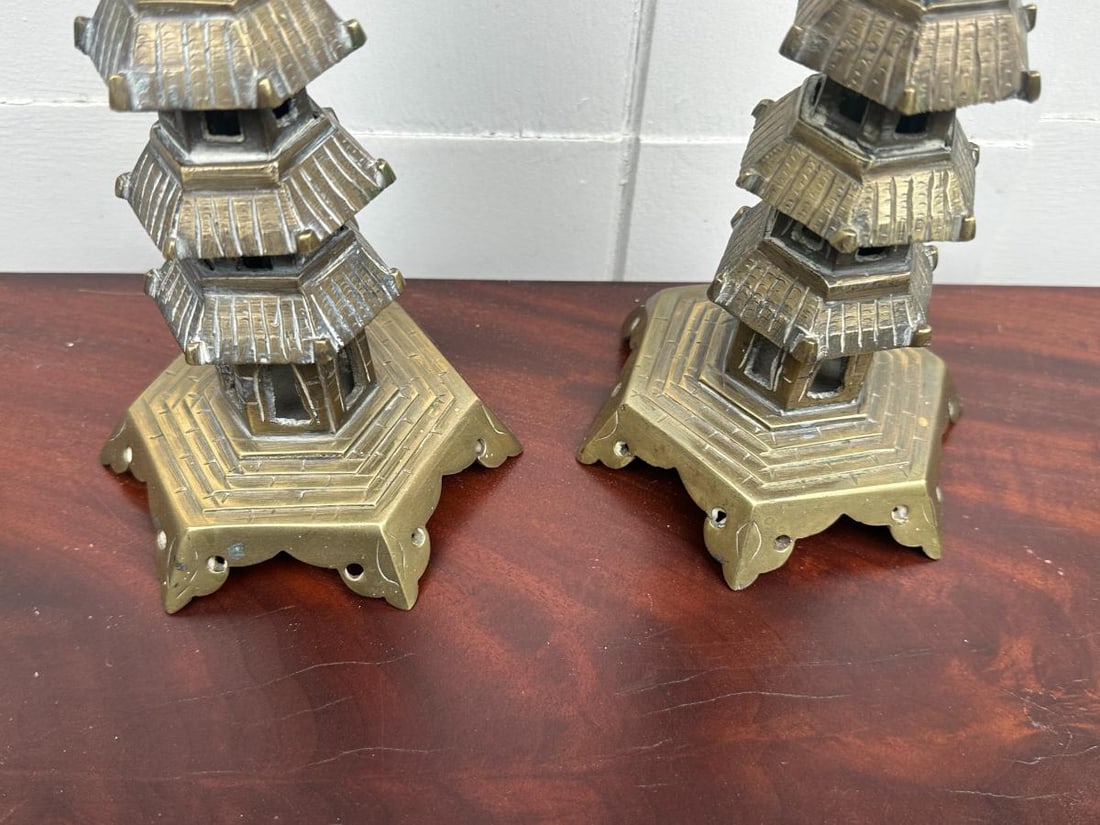Brass Pagoda Candlesticks - 4