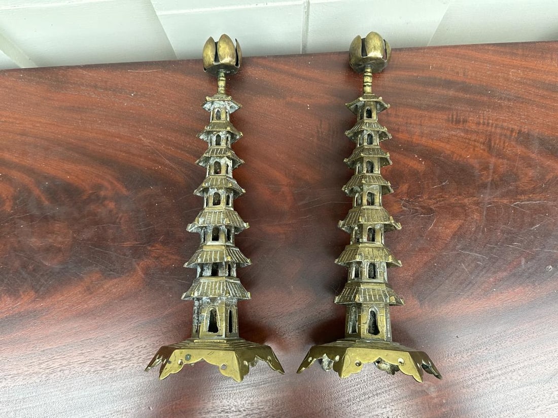 Brass Pagoda Candlesticks - 6