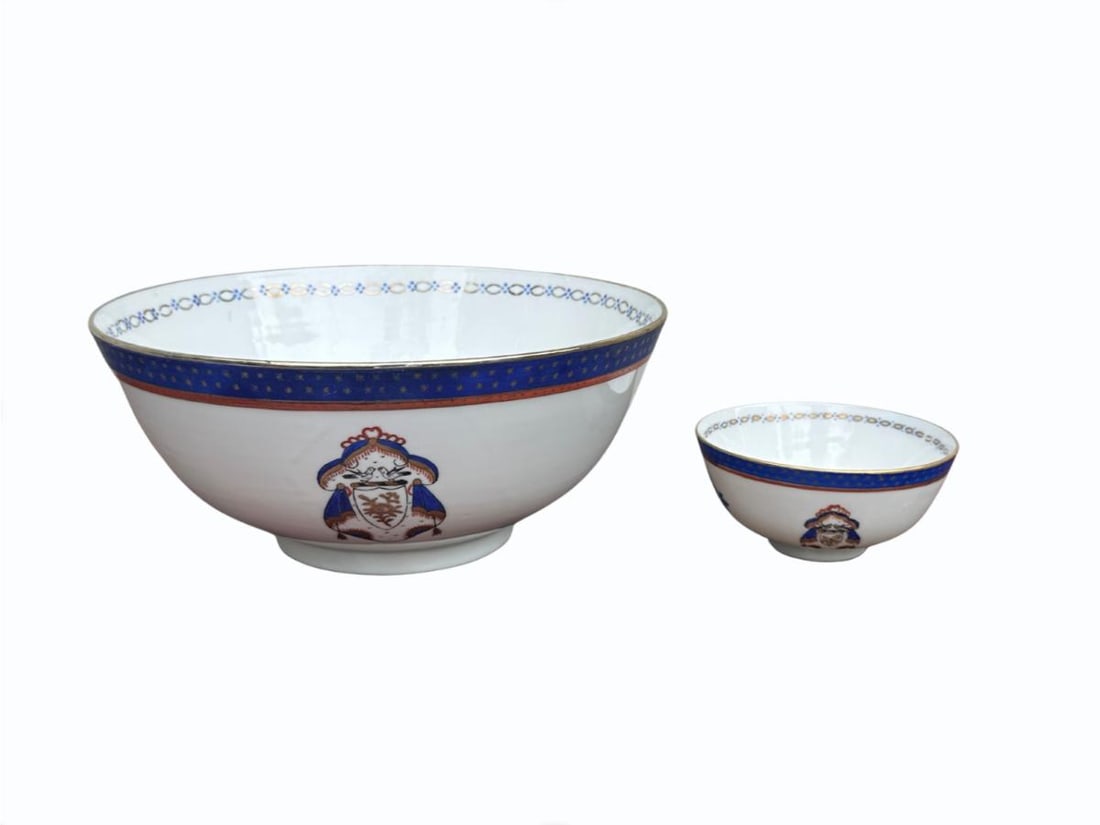 Chinese Export Armorial Porcelain Bowls, Set of 2: Large 10in. diameter x 4in. h, Small 4in. diameter x 2in. h. PLEASE READ BEFORE BIDDING: There is only one scheduled pickup date for this auction on Friday, June 5th from 9am- 12pm at a private reside