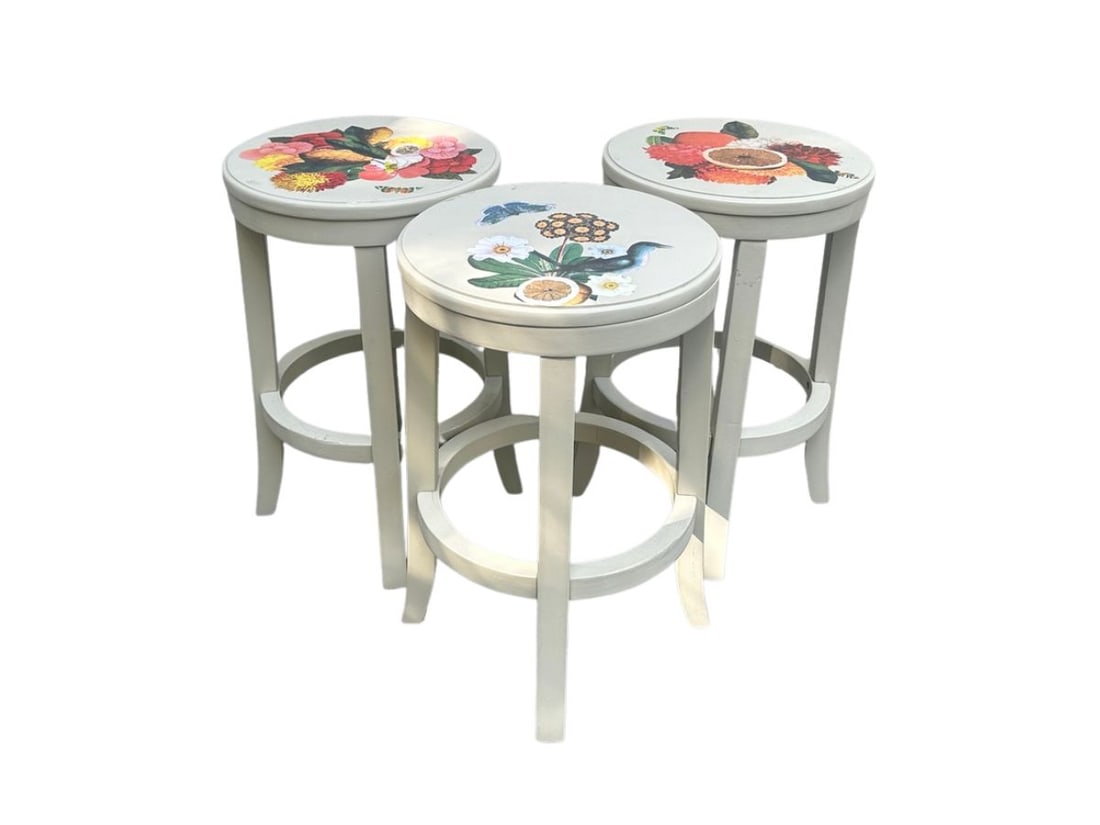Hand Painted Wood Stools with Decoupage: 14.75in. w x 23.25in. h. PLEASE READ BEFORE BIDDING: There is only one scheduled pickup date for this auction on Friday, June 5th from 9am- 12pm at a private residence in Rye, NY. The address will be