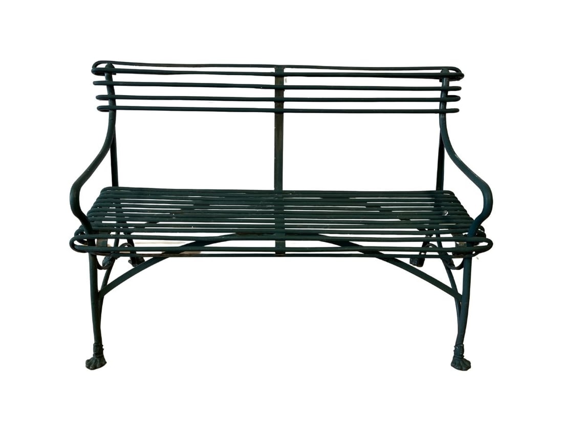 French Wrought Iron Grassin Arras Garden Bench: 46.25 in w x 23 in d x 30.5 in h, seat height 16.5 in, arm height 23 in. Maker's mark visible.
