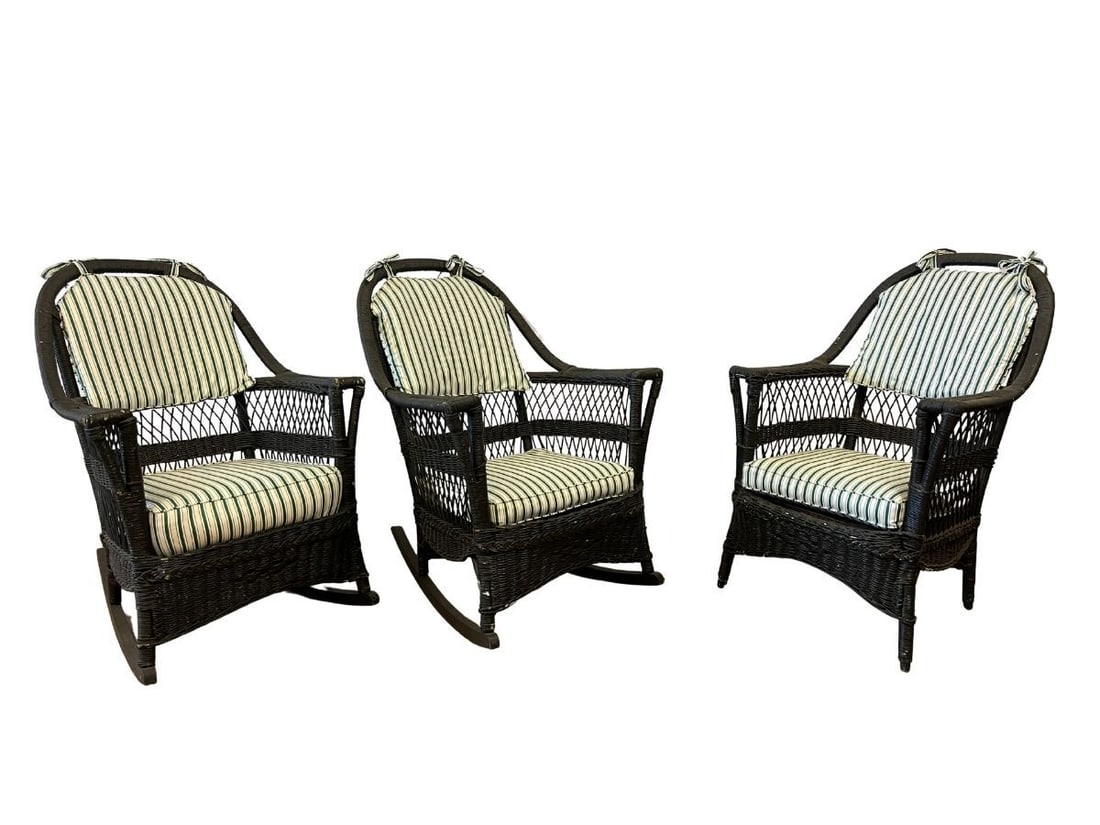 Black Wicker Chairs, Set of 3: Rocker 26 in w x 30 in d x 37.5 in h, Armchair 27.5 in w x 31 in d x 36.5 in h, Seat height for both 17 in, Arm height for both 26 in.